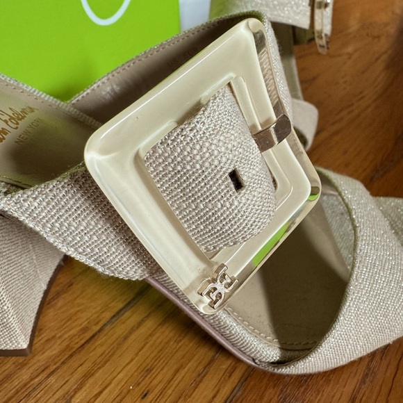 Sam Edelman Dalton Block Heel Sandal Sand Metallic Linen Square Toe Slide Size 7 - Picture 7 of 8